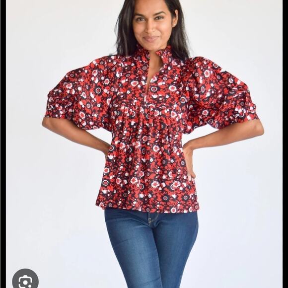 never a wallflower Tops - Never a Wallflower Red and Navy Floral Poplin High Neck Top